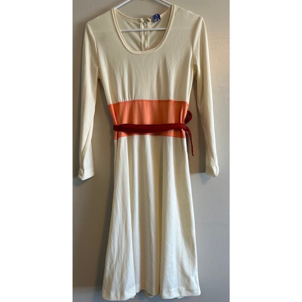 Vintage 70s Trolley Co Dress Cream Red Belted Mod Long Sleeve Retro XS